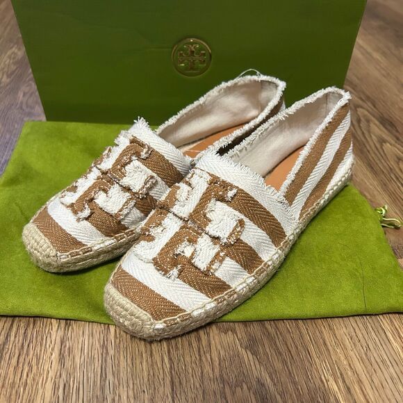 TORY BURCH striped textile leather espadrilles flats slip on shoes women’s 9 new - Picture 1 of 7